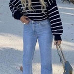 ZARA [] Blue Striped Chunky Knit Boxy Cropped Sweater Balloon Sleeves Sz Medium M Photo 0