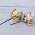 Vintage Stud Earrings Faux Pearl with Square Gold Tone Halo Photo 4