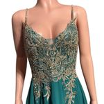 Chica teal green gold embroidery spaghetti straps lace up maxi dress XL Photo 5