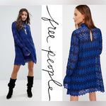 Free People  Simone Mock Neck Mini dress L Bell Sleeves Crochet Lace Cobalt Blue Photo 1