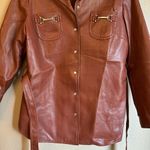 VINTAGE Brown Faux Leather Belted Shirt Jacket Size SMALL MEDIUM Pearl Snap 70s Photo 4