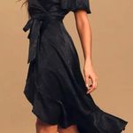 Lulus Wrapped Up In Love Black Satin Faux-Wrap Midi Dress Photo 1