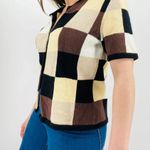 vintage earth tone checkered button down knit sweater top ramie cotton blend S Brown Photo 2