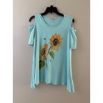 Jess & Jane Daisy Top Size M Blue Cold Shoulder Floral Asymmetrical Bumblebee Size M Photo 15