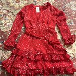 Red Lurex Floral Dress Long Sleeve and Ruffles Size XS Photo 3