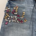 EXPRESS  Y2K Rhinestone Bedazzled Raw‎ Hem Medium Wash Denim Mini Skirt Sz 4 Photo 2