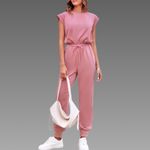 NWT Cap Sleeve Crewneck Open Back Loose Fit Jumpsuit Sz Small Pink Photo 1