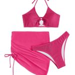 Women's 3 Piece Bathing Suits Halter Ring Bikini Set with Cover Up Pink Size L Photo 0