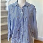 Talbots Blue & White Pin Stripe Rhinestone Bug & Flower Button Down Photo 0