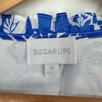 Sugar Lips Tropical Resort Print Mini Dress Blue White size 2X Cap Sleeves Tassel Photo 8