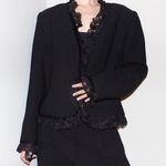 vintage 90s black frilly lace trim single button minimalist boxy blazer jacket Size M Photo 0