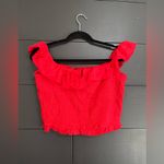 Poof New York  Red Ruched Button Off Shoulder Women’s Blouse Shirt Top Sz S EUC Photo 1