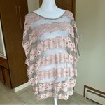 Free People  Womens County Fair Blouse Top Sheer Taupe Pink Banded Bottom Size L Photo 2