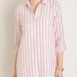 Chico's Chico’s Linen Metallic Striped Roll-Tab Button Front Shirt NEW Size 1 Photo 0