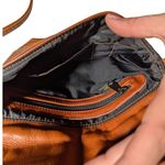 Vtg 1970s Ann Ringness Brown Novelty Hand Design Croc Emboss Leather Saddle Bag Photo 6