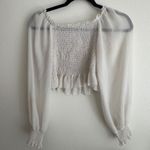 Romwe  White Sheer Bishop Sleeve Smocked‎ Crop Top Ruffle Trim Square Neck Blouse Photo 6