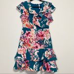 Ny Collection Teal Pink Floral V Neck Dress Photo 1