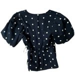 Old Navy Old Navy Wrap Blouse S Waist-Defined Puff Sleeve Navy Blue Floral Polka Dot Photo 3