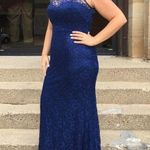 THEIA Dark Blue Metallic Floral Lace Overlay Shimmering Element Gown Size 6 Photo 3