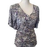 CAbi  Blouse Womens Size M Multi Floral V Neck Ruched Short Sleeve Boho Chic Photo 0