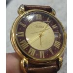 Guess Vintage Gold Tone Watch Brown Leather Band Roman Numerals Date Japan Photo 6