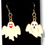 HALLOWEEN GHOST Earrings FUN White With Gold Edging Black Red Faces Dangle Drop Photo 0