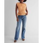 EXPRESS Peach Orange Foil Crew Neck Ruched Peplum Top Medium Photo 7