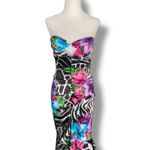 Vintage Cache Maxi Zebra Floral Mermaid Gown Strapless Corset Jeweled Brooch 4 Black Photo 1
