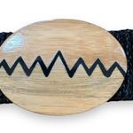Vintage Statement Belt Black Woven Elastic Wooden Abstract Geometrical Buckle Photo 4