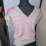 Gray and Pink Striped Short Sleeve cashmere Top Photo 1