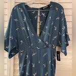 NWT Garota Blue Teal Crane Print Wide Leg Jumpsuit Medium Resortwear Open Back Photo 3