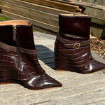 Schutz NWOB Jorian Womens Brown Crocodile Embossed Leather Wedge Bootie Size 10 Photo 0