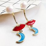 Red Lips Moon Pearl Stud Drop Earrings Gold Photo 0