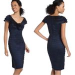 Tadashi Shoji Petite Flower Statement Piece Ruffled Detailing Dress in Navy Blue Photo 12