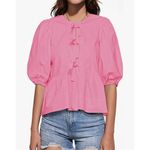 NEW Tie Front Top Babydoll Puff Short Sleeve Blouse 100% Cotton Shirt L Pink Size L Photo 1