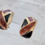 Vintage Clip On Earrings Statement Retro Large Hoops Burgundy, Black Gold Tone Photo 5
