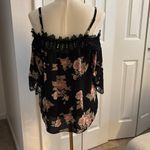 Iz Byer  Black Floral Off-Shoulder Top w/ Crochet Trim -Adj Straps – NWT Large Photo 3