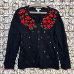 Vintage 90s red poinsettia ugly Christmas Holiday bold bling cardigan sweater Black Size M Photo 0