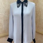 Elie Tahari EMBROIDERED COLLAR 100% SILK SHIRT BLOUSE IN BABY BLUE Sz XS Photo 1