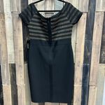 Bebe  Black and Gold Off Shoulder Bandage Midi Dress Photo 5