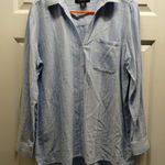 Tahari  Size Medium Blue Striped Long Roll-Tab Sleeves Popover Linen Rayon Shirt Photo 0