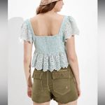 American Eagle  sage green floral eyelet lace ruffled smocked crop top blouse XL Photo 6