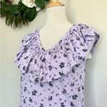 Loft NWT Purple Floral Crinkle Ruffle Double V Top M Photo 4