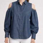 Brunello Cucinelli  Denim Cold Shoulder Top Women’s XS Dark Wash Puff Sleeve Photo 0