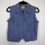 Ignite Basics Plaid Sleeveless Button Up Top Fringe Hem Western Concert Festival Blue Size M Photo 0