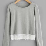 SheIn Grey Long Sleeve Crop Top With Lace Detail Photo 4