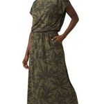 prAna  Cozy Up Skyland Dress Maxi Drop Waist Boat Neck Cargo Palms Olive Green M Photo 0