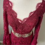 Mac Duggal Crimson Red Lace Bell Sleeve Cocktail Dress Beaded Waist Photo 5