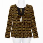Susan Graver  Blouse M Geometric‎ Tie Neck Long Sleeve Black Yellow Top Photo 0
