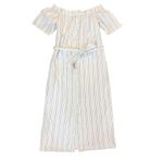 Charles Henry XS Off Shoulder‎ Midi Dress White Blue Stripe Belted Cotton Lined Photo 1